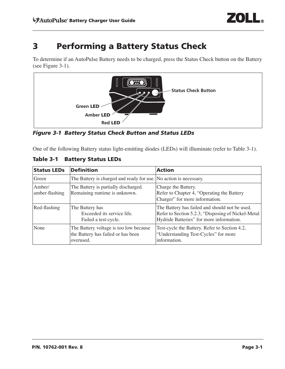 3 performing a battery status check, 3 performing a battery status check -1, Table 3-1 battery status leds -1 | ZOLL AutoPulse Rev C User Manual | Page 17 / 36