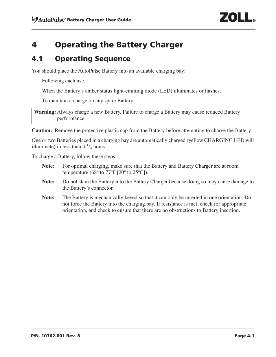 4 operating the battery charger, 1 operating sequence, 4 operating the battery charger -1 | 1 operating sequence -1, 4operating the battery charger | ZOLL AutoPulse Rev C User Manual | Page 19 / 36