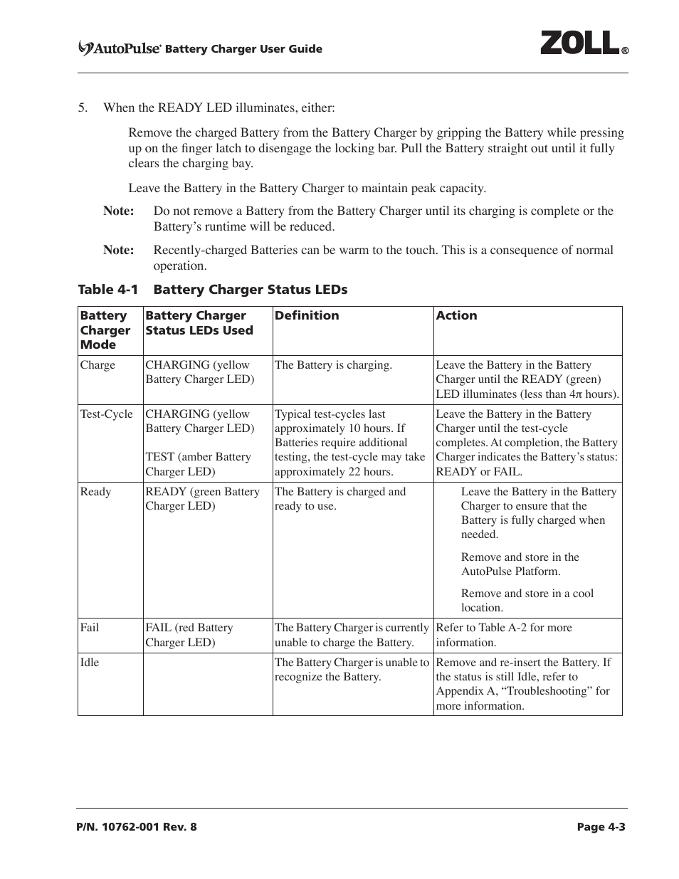Table 4-1 battery charger status leds -3, Table 4-1 sho | ZOLL AutoPulse Rev C User Manual | Page 21 / 36