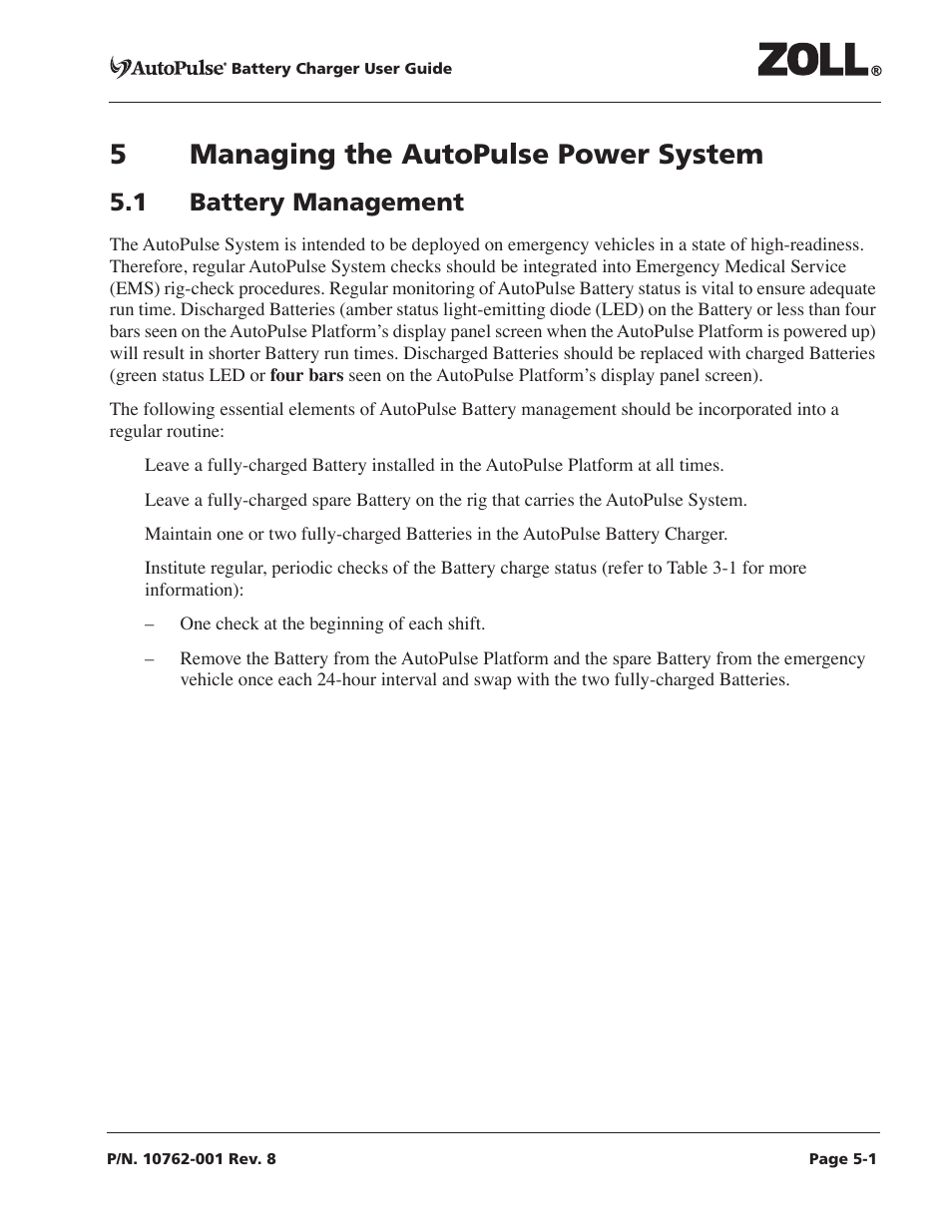 5 managing the autopulse power system, 1 battery management, 5 managing the autopulse power system -1 | 1 battery management -1, 5managing the autopulse power system | ZOLL AutoPulse Rev C User Manual | Page 23 / 36