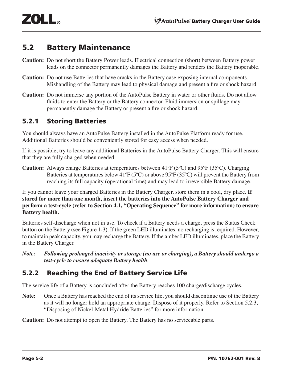 2 battery maintenance, 1 storing batteries, 2 reaching the end of battery service life | 2 battery maintenance -2 | ZOLL AutoPulse Rev C User Manual | Page 24 / 36