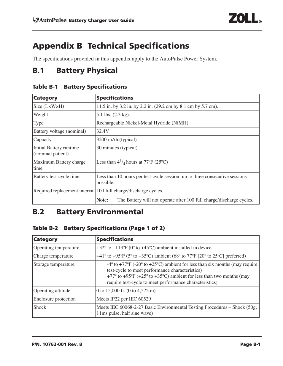 Appendix b technical specifications, B.1 battery physical b.2 battery environmental | ZOLL AutoPulse Rev C User Manual | Page 29 / 36