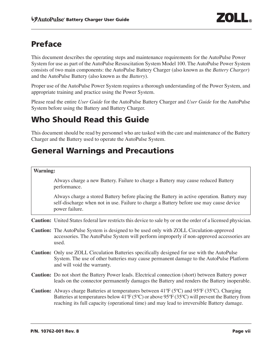 Preface 0, Who should read this guide 0, General warnings and precautions 0 | ZOLL AutoPulse Rev C User Manual | Page 7 / 36