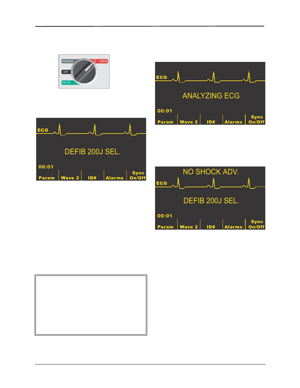 Defib 200j sel, Analyzing ecg, No shock adv | Warning | ZOLL E Series Monitor Defibrillator Rev R User Manual | Page 42 / 132