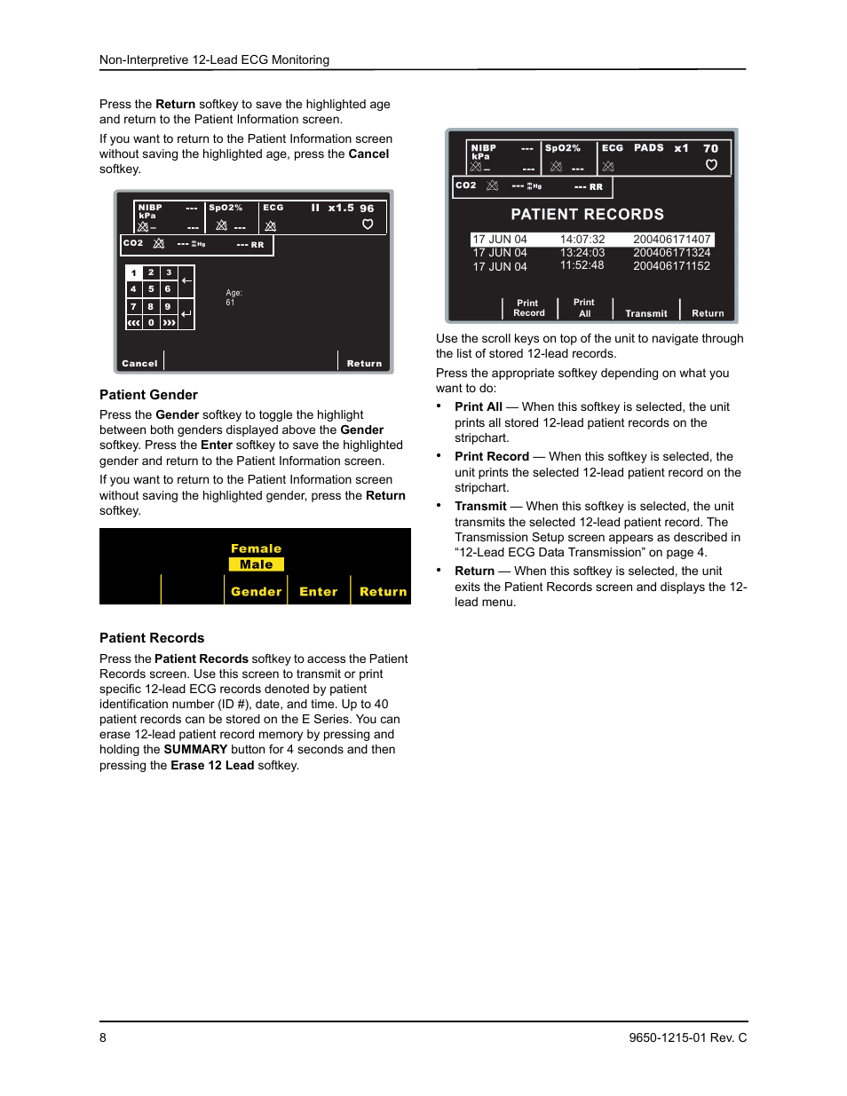 Patient gender, Patient records | ZOLL E Series Monitor Defibrillator Rev C User Manual | Page 10 / 20