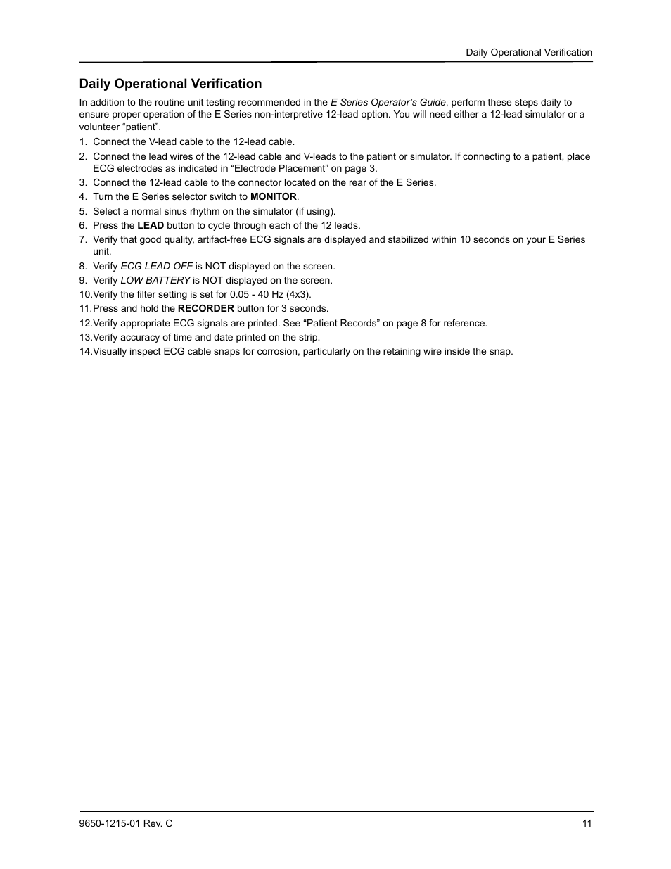 Daily operational verification | ZOLL E Series Monitor Defibrillator Rev C User Manual | Page 13 / 20