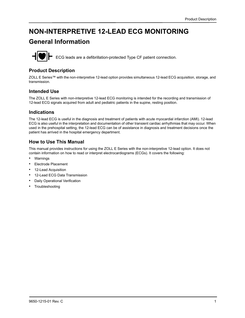 Product description, Intended use, Indications | How to use this manual, Non-interpretive 12-lead ecg monitoring, General information | ZOLL E Series Monitor Defibrillator Rev C User Manual | Page 3 / 20