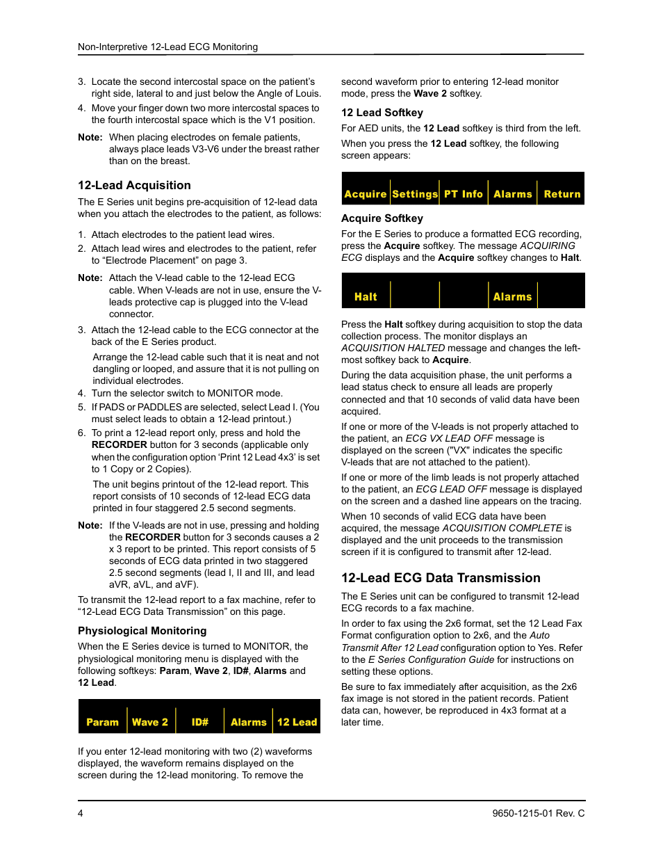 Lead acquisition, Physiological monitoring, 12 lead softkey | Acquire softkey, Lead ecg data transmission | ZOLL E Series Monitor Defibrillator Rev C User Manual | Page 6 / 20