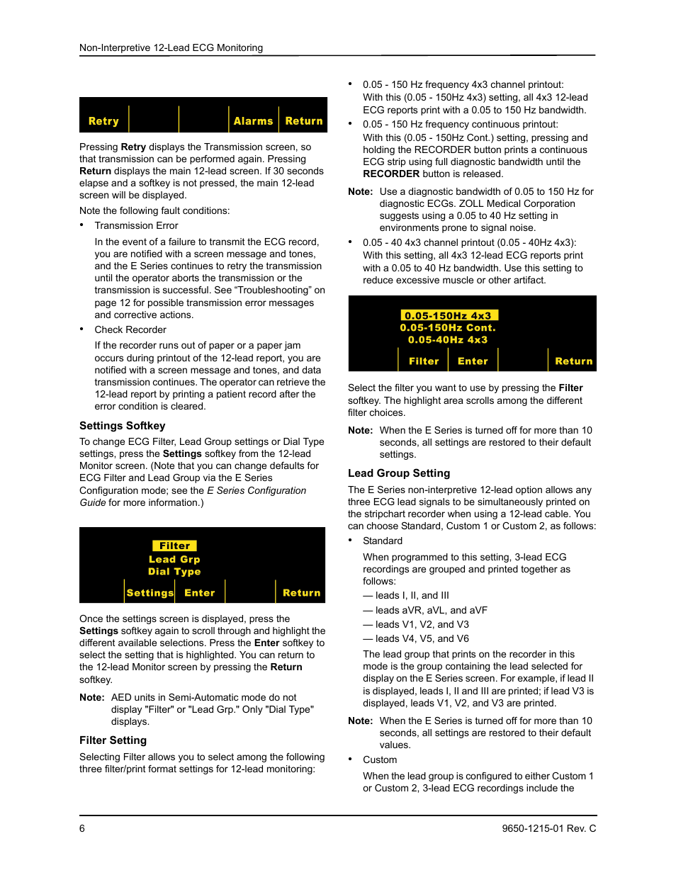 Settings softkey, Filter setting, Lead group setting | ZOLL E Series Monitor Defibrillator Rev C User Manual | Page 8 / 20
