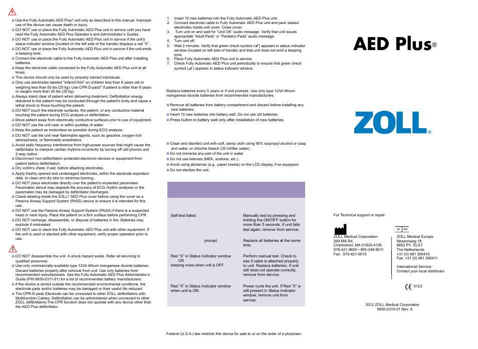 ZOLL AED Plus Fully Automatic Rev A User Manual | 2 pages