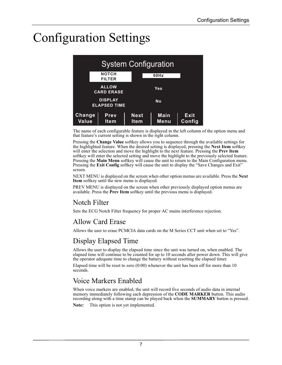 Configuration settings, Notch filter, Allow card erase | Display elapsed time, Voice markers enabled, Otch, Ilter, Llow, Rase, Isplay | ZOLL M Series CCT Defibrillator Rev A User Manual | Page 11 / 38