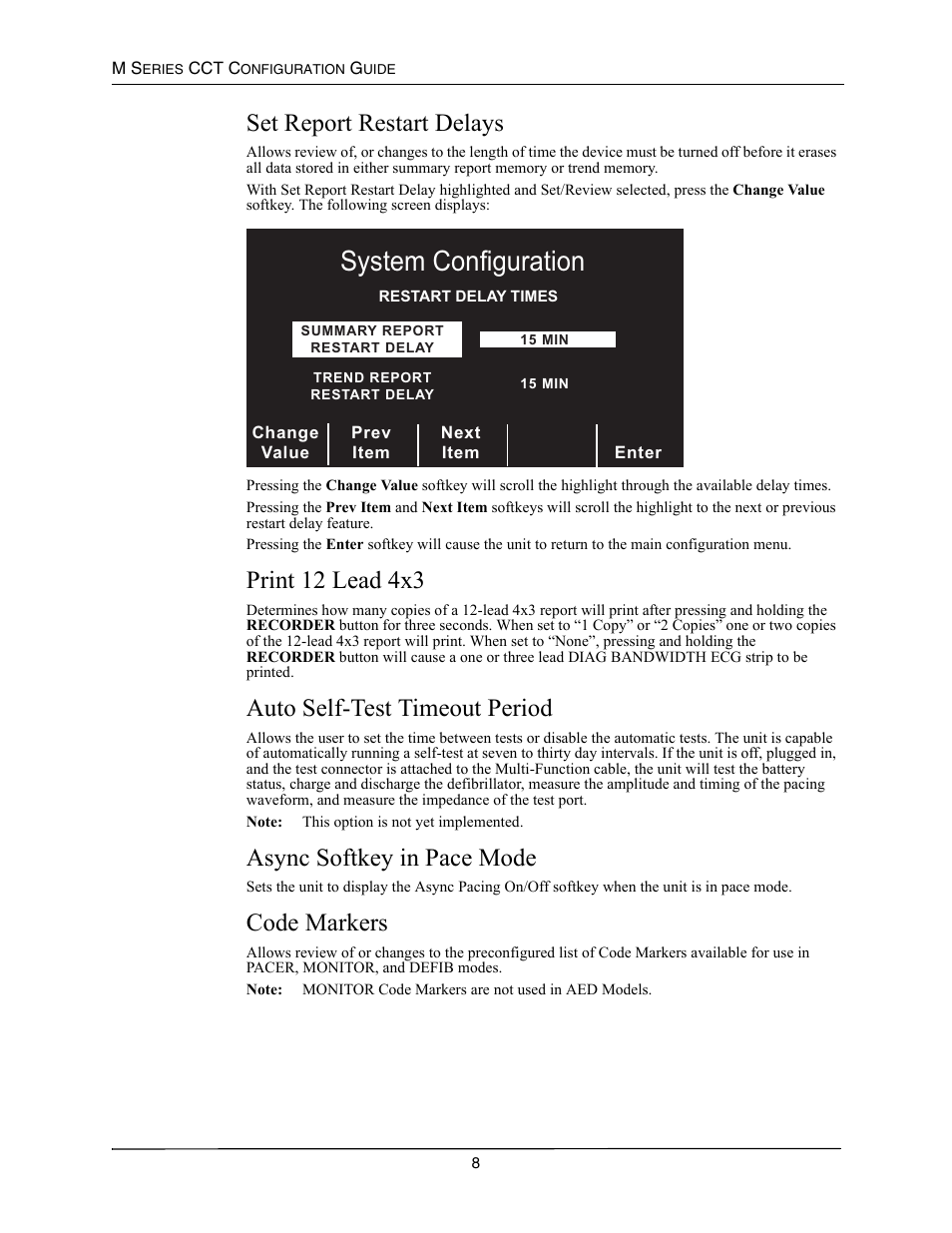 Set report restart delays, Print 12 lead 4x3, Auto self-test timeout period | Async softkey in pace mode, Code markers, Eport, Estart, Elays, Rint, 12 l | ZOLL M Series CCT Defibrillator Rev A User Manual | Page 12 / 38