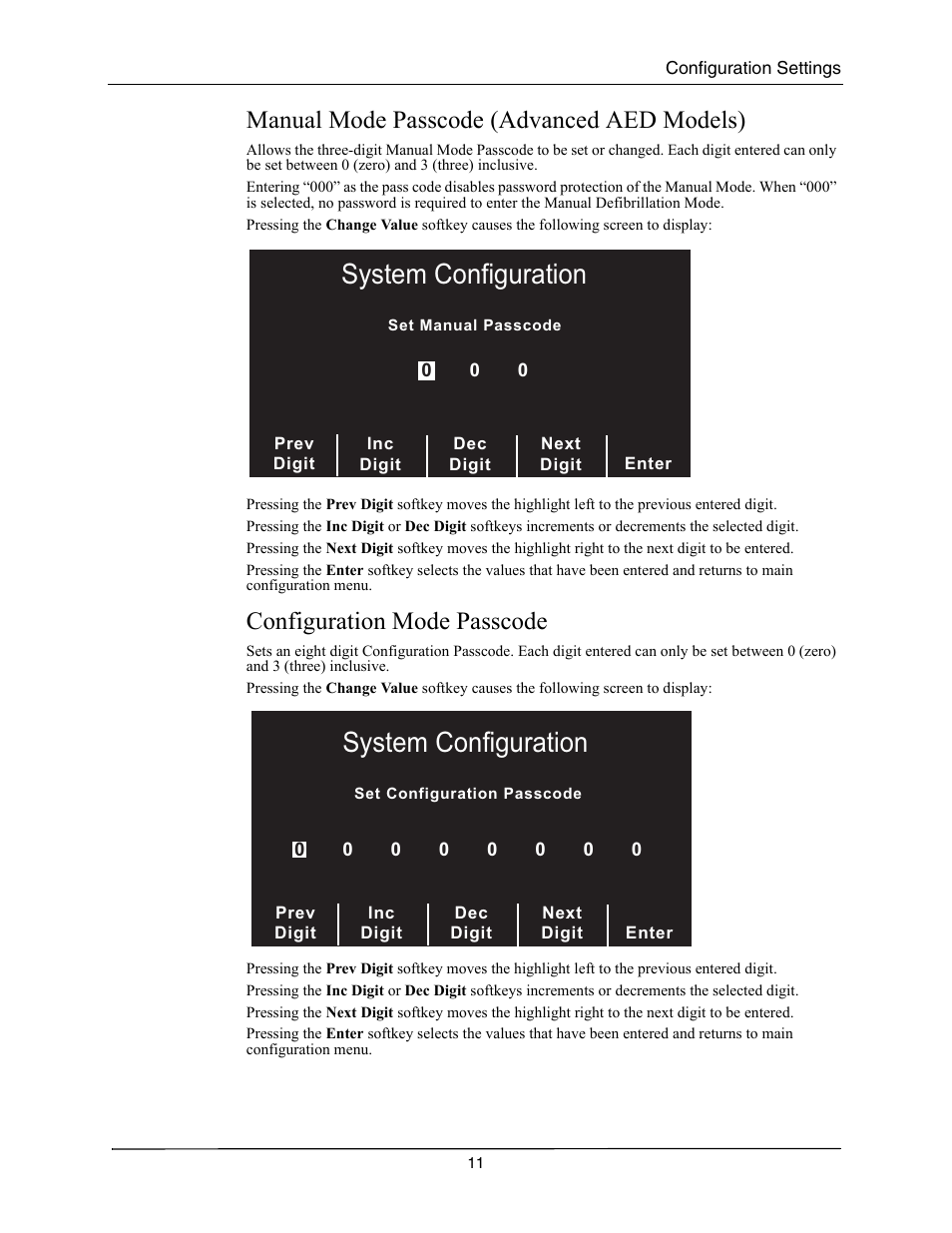 Manual mode passcode (advanced aed models), Configuration mode passcode, Anual | Asscode, Dvanced, Aed m, Odels, Onfiguration, 6\vwhp&rqiljxudwlrq | ZOLL M Series CCT Defibrillator Rev A User Manual | Page 15 / 38