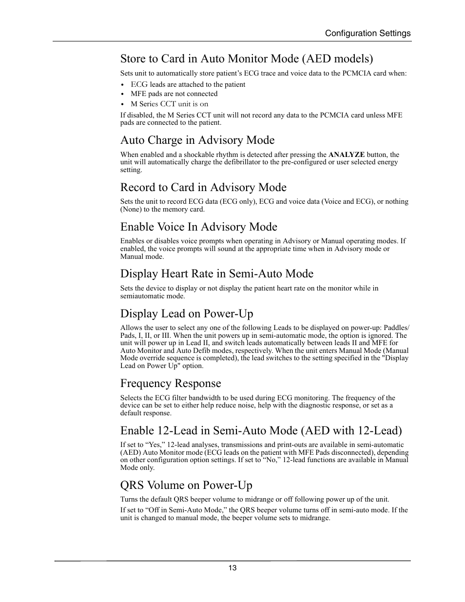 Store to card in auto monitor mode (aed models), Auto charge in advisory mode, Record to card in advisory mode | Enable voice in advisory mode, Display heart rate in semi-auto mode, Display lead on power-up, Frequency response, Qrs volume on power-up, Tore, Onitor | ZOLL M Series CCT Defibrillator Rev A User Manual | Page 17 / 38