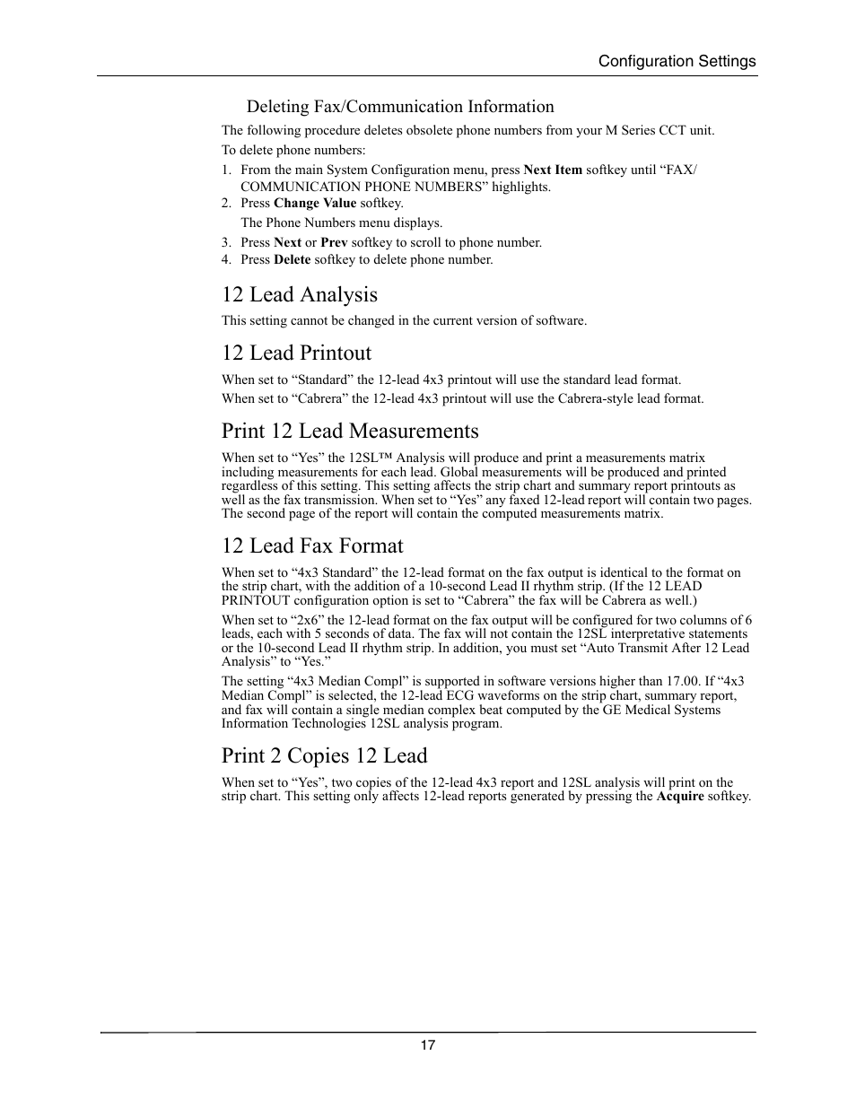 12 lead analysis, 12 lead printout, Print 12 lead measurements | 12 lead fax format, Print 2 copies 12 lead, 12 l, Nalysis, Rintout, Rint, Easurements | ZOLL M Series CCT Defibrillator Rev A User Manual | Page 21 / 38