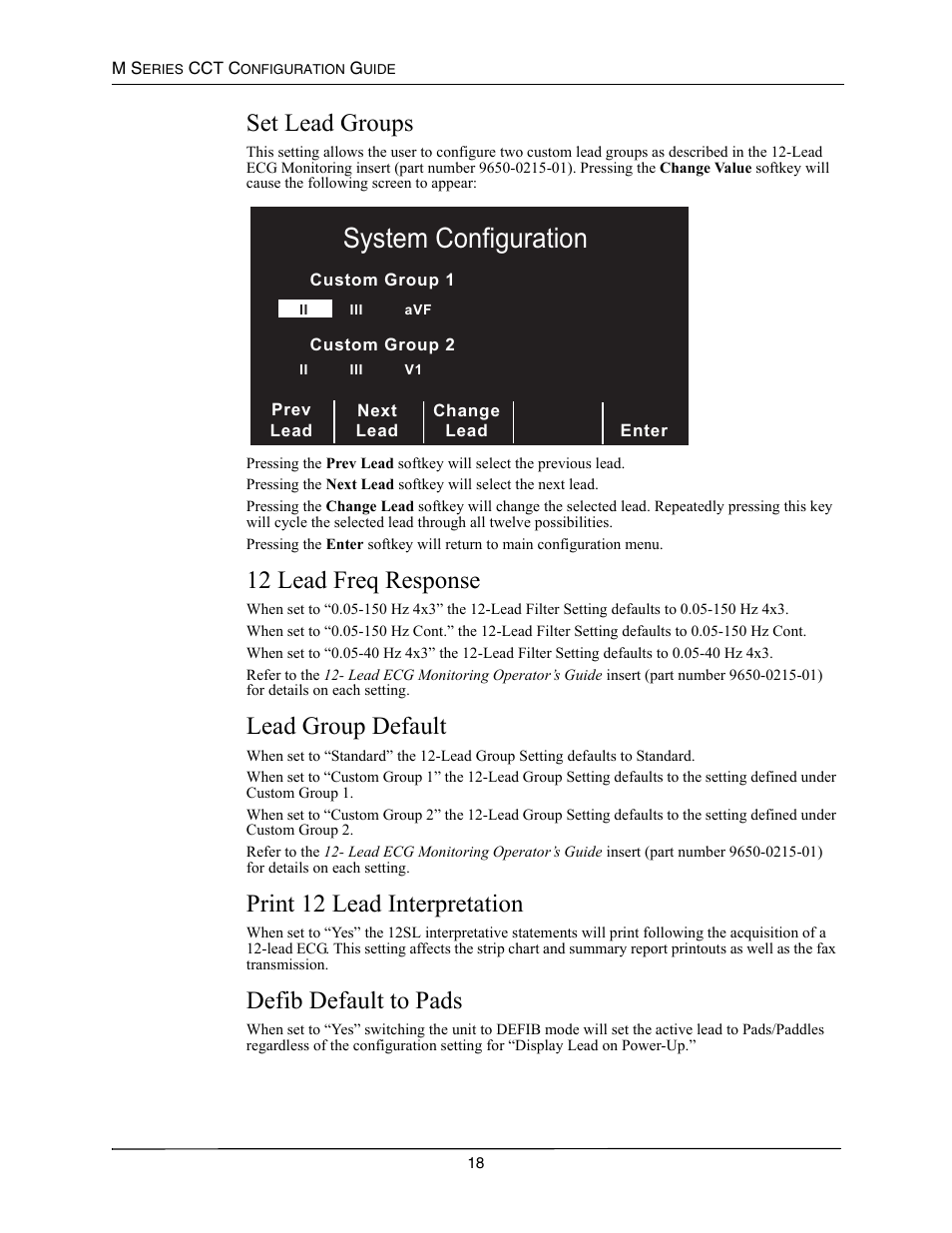 Set lead groups, 12 lead freq response, Lead group default | Print 12 lead interpretation, Defib default to pads, Roups, 12 l, Esponse, Roup, Efault | ZOLL M Series CCT Defibrillator Rev A User Manual | Page 22 / 38