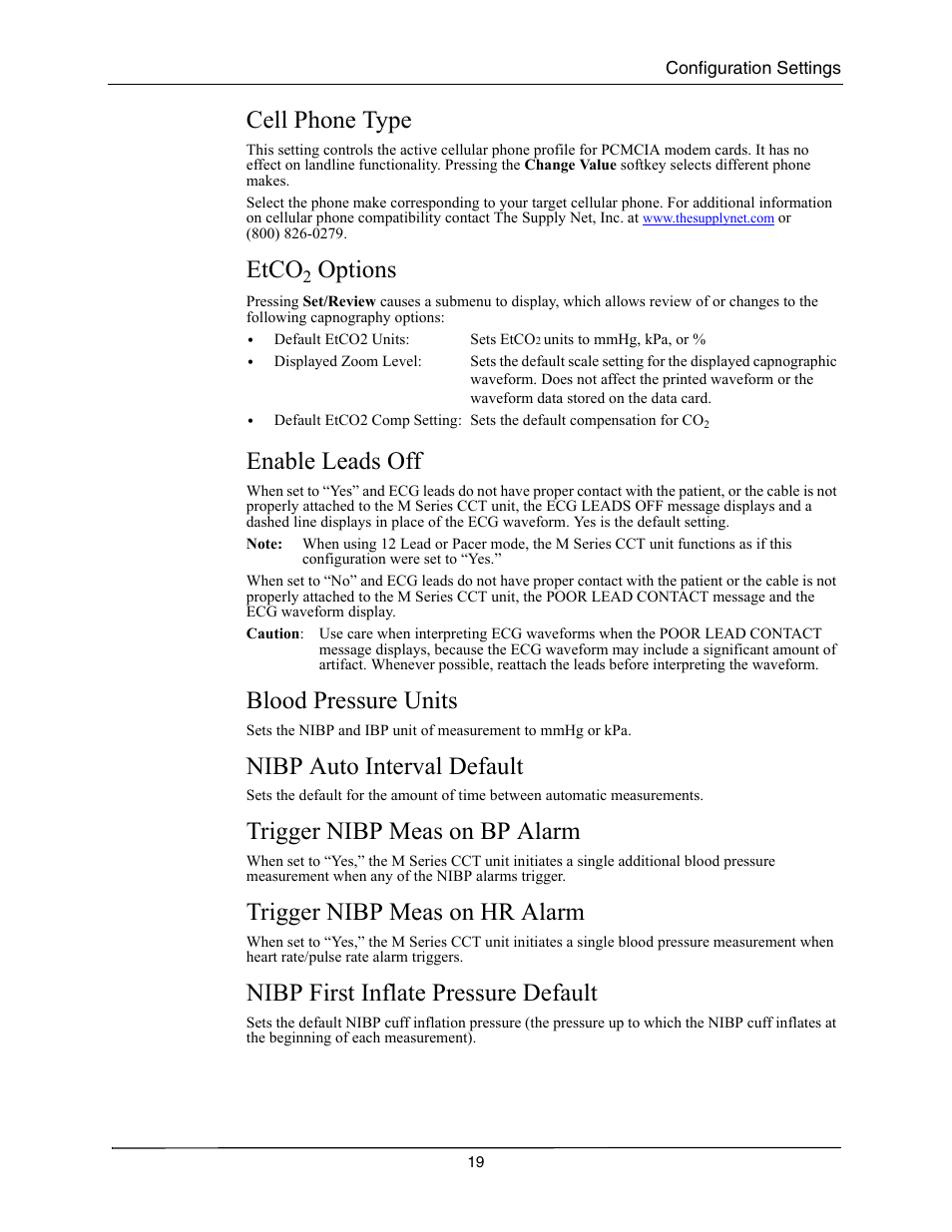 Cell phone type, Etco2 options, Enable leads off | Blood pressure units, Nibp auto interval default, Trigger nibp meas on bp alarm, Trigger nibp meas on hr alarm, Nibp first inflate pressure default, Hone, Co2 o | ZOLL M Series CCT Defibrillator Rev A User Manual | Page 23 / 38