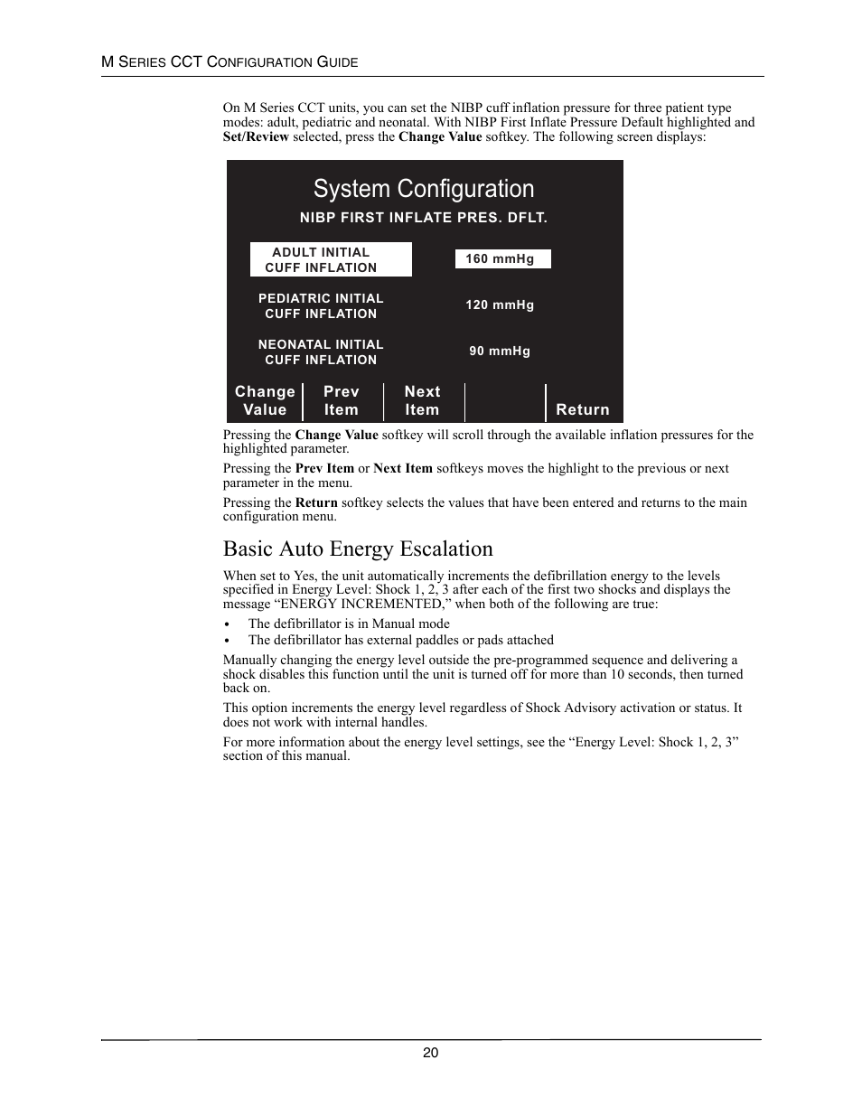 Basic auto energy escalation, Asic, Nergy | Scalation, 6\vwhp&rqiljxudwlrq | ZOLL M Series CCT Defibrillator Rev A User Manual | Page 24 / 38