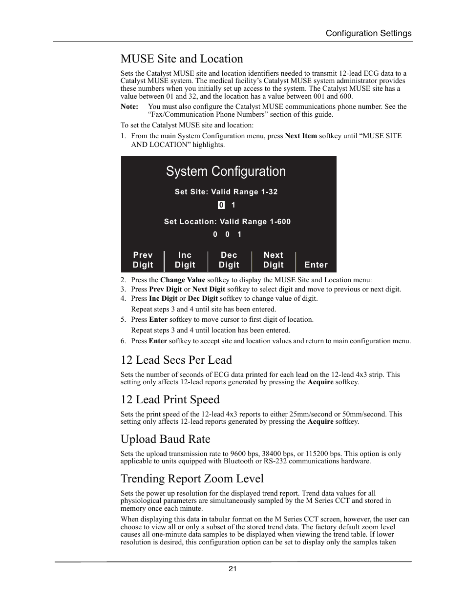 Muse site and location, 12 lead secs per lead, 12 lead print speed | Upload baud rate, Trending report zoom level, Muse s, Ocation, 12 l, Rint, Peed | ZOLL M Series CCT Defibrillator Rev A User Manual | Page 25 / 38