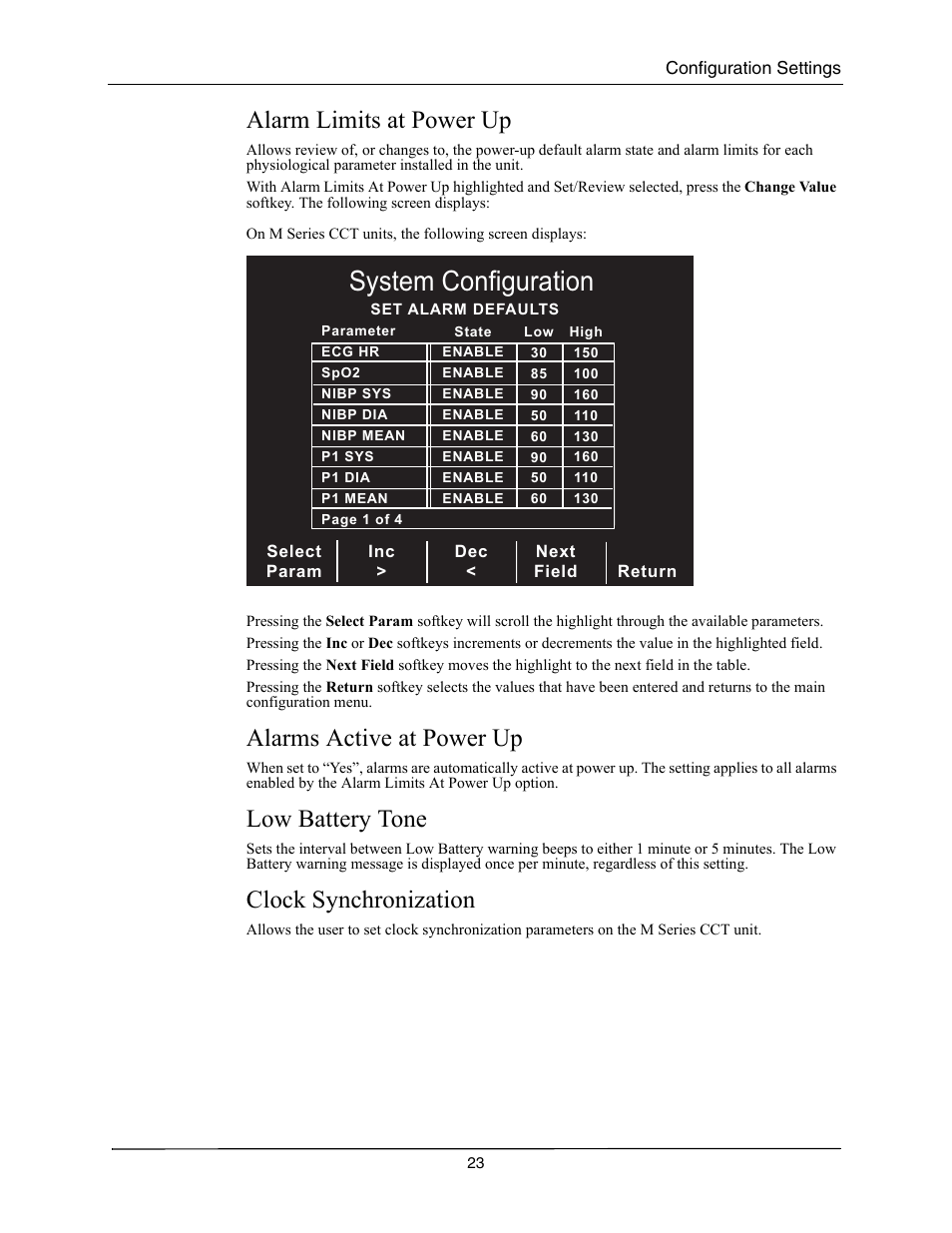 Alarm limits at power up, Alarms active at power up, Low battery tone | Clock synchronization, Larm, Imits, Ower, Larms, Ctive, Attery | ZOLL M Series CCT Defibrillator Rev A User Manual | Page 27 / 38