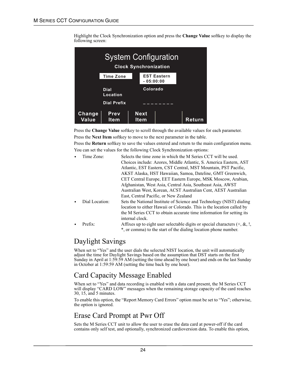 Daylight savings, Card capacity message enabled, Erase card prompt at pwr off | Aylight, Avings, Apacity, Essage, Nabled, Rase, Rompt | ZOLL M Series CCT Defibrillator Rev A User Manual | Page 28 / 38