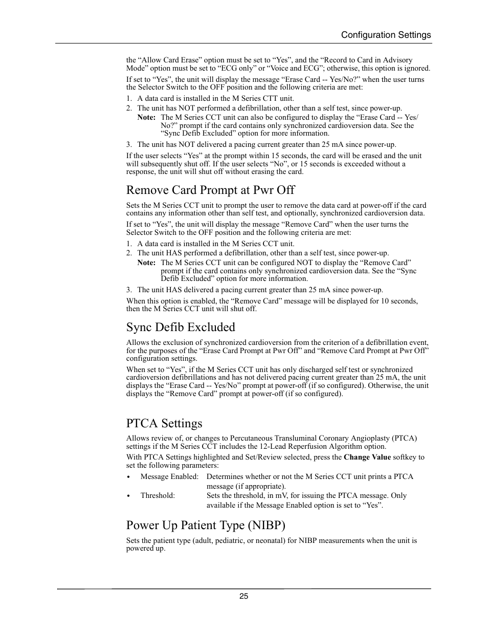 Remove card prompt at pwr off, Sync defib excluded, Ptca settings | Power up patient type (nibp), Emove, Rompt, Efib, Xcluded, Ptca s, Ettings | ZOLL M Series CCT Defibrillator Rev A User Manual | Page 29 / 38