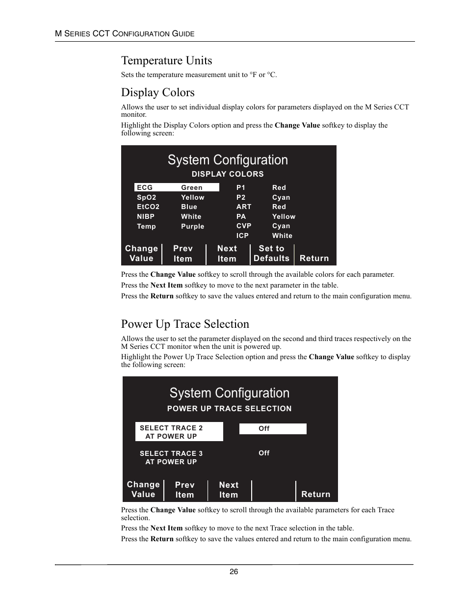 Temperature units, Display colors, Power up trace selection | Emperature, Nits, Isplay, Olors, Ower, Race, Election | ZOLL M Series CCT Defibrillator Rev A User Manual | Page 30 / 38