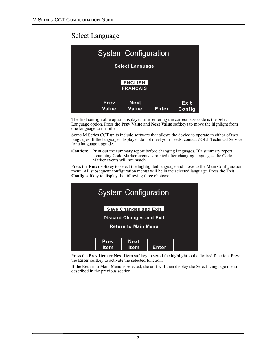 Select language, Elect, Anguage | 6\vwhp&rqiljxudwlrq | ZOLL M Series CCT Defibrillator Rev A User Manual | Page 6 / 38