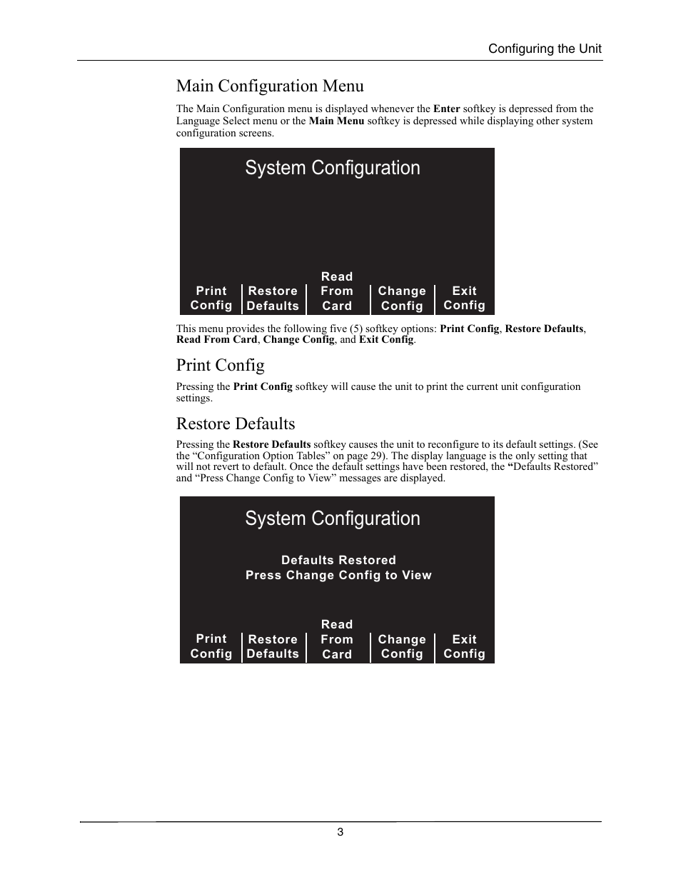 Main configuration menu, Print config, Restore defaults | Onfiguration, Rint, Onfig, Estore, Efaults, 6\vwhp&rqiljxudwlrq | ZOLL M Series CCT Defibrillator Rev A User Manual | Page 7 / 38