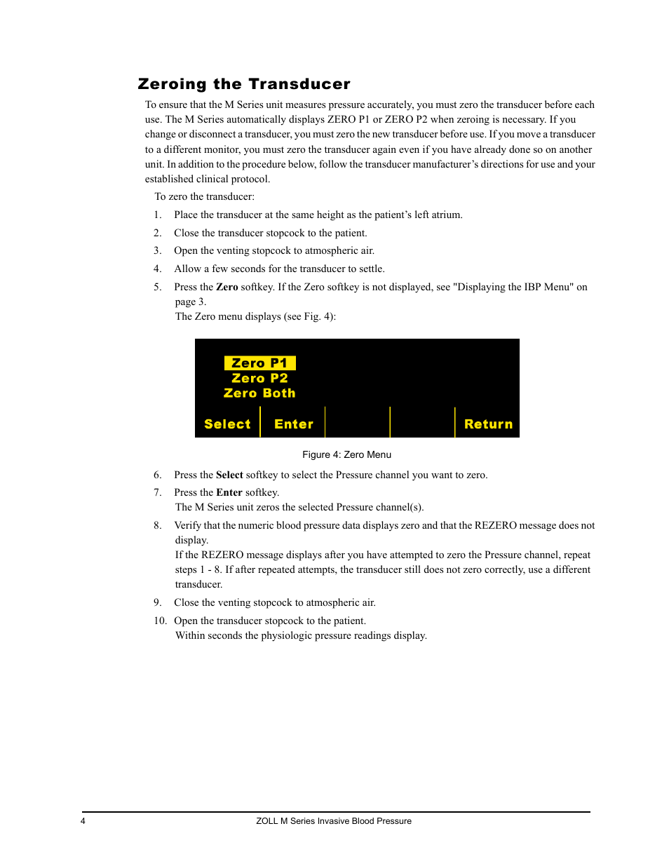 Zeroing the transducer | ZOLL M Series CCT Defibrillator Rev D User Manual | Page 10 / 26