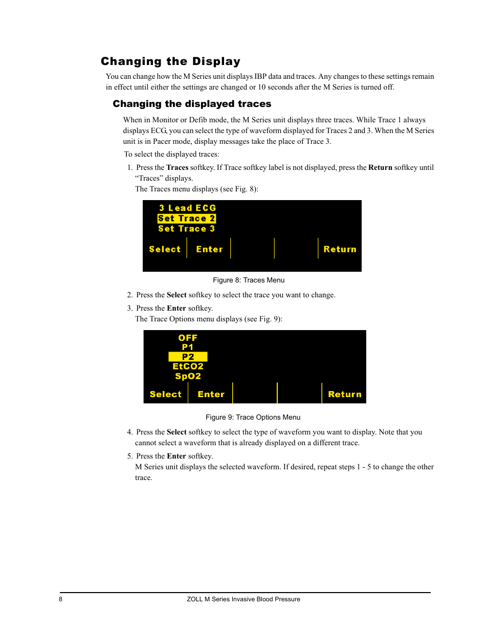 Changing the display, Changing the displayed traces | ZOLL M Series CCT Defibrillator Rev D User Manual | Page 14 / 26
