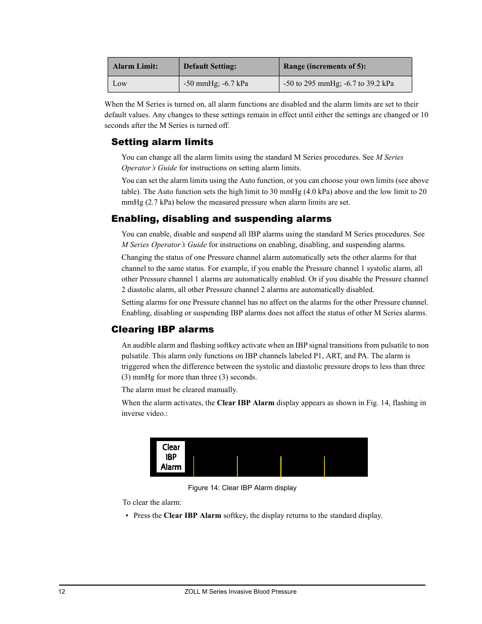 Setting alarm limits, Enabling, disabling and suspending alarms, Clearing ibp alarms | ZOLL M Series CCT Defibrillator Rev D User Manual | Page 18 / 26