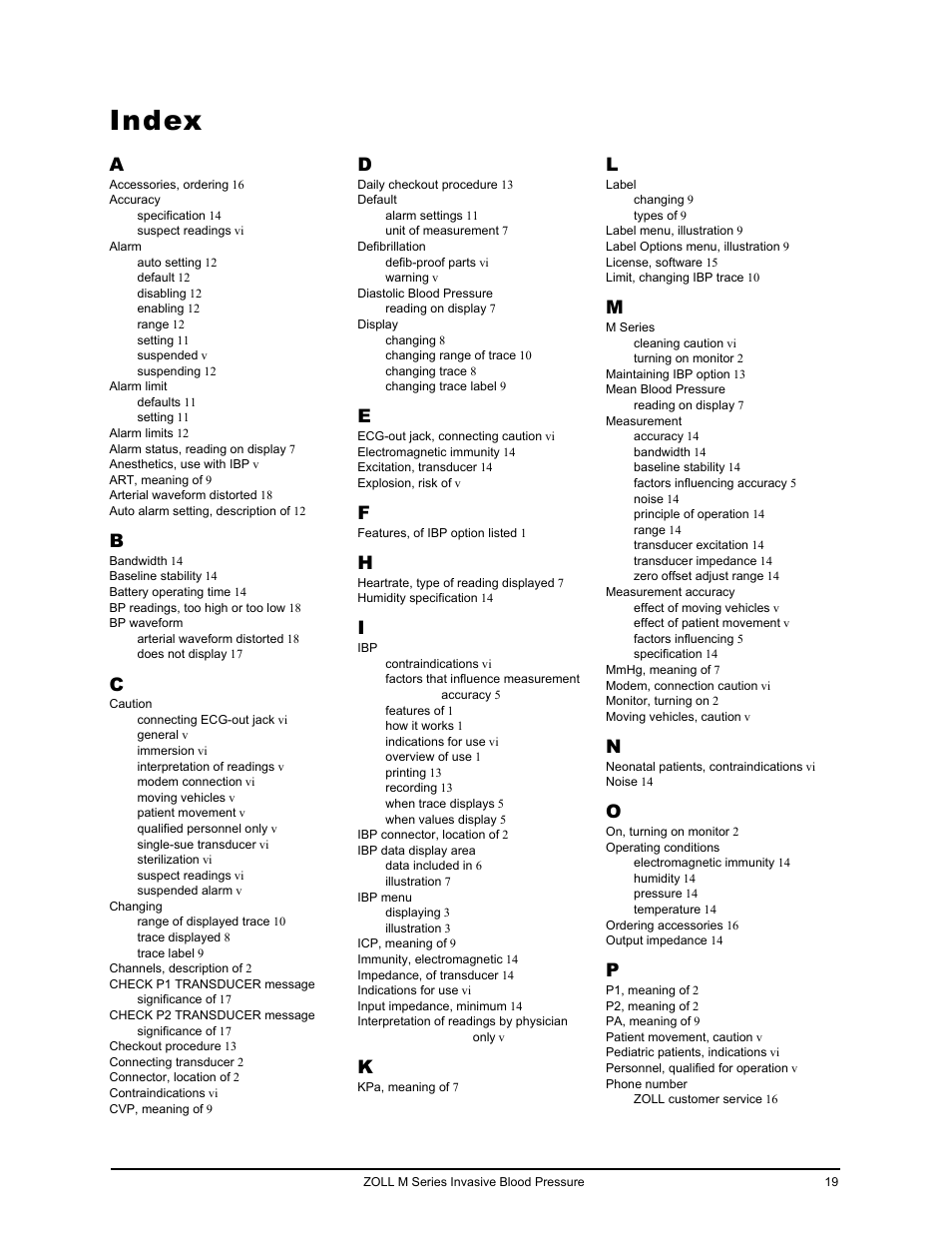 Index | ZOLL M Series CCT Defibrillator Rev D User Manual | Page 25 / 26