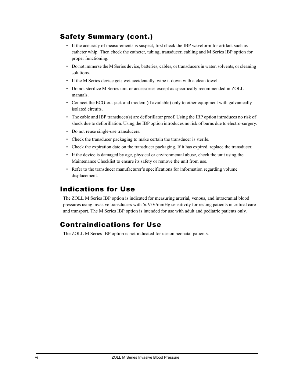 Indications for use, Contraindications for use, Safety summary (cont.) | ZOLL M Series CCT Defibrillator Rev D User Manual | Page 6 / 26