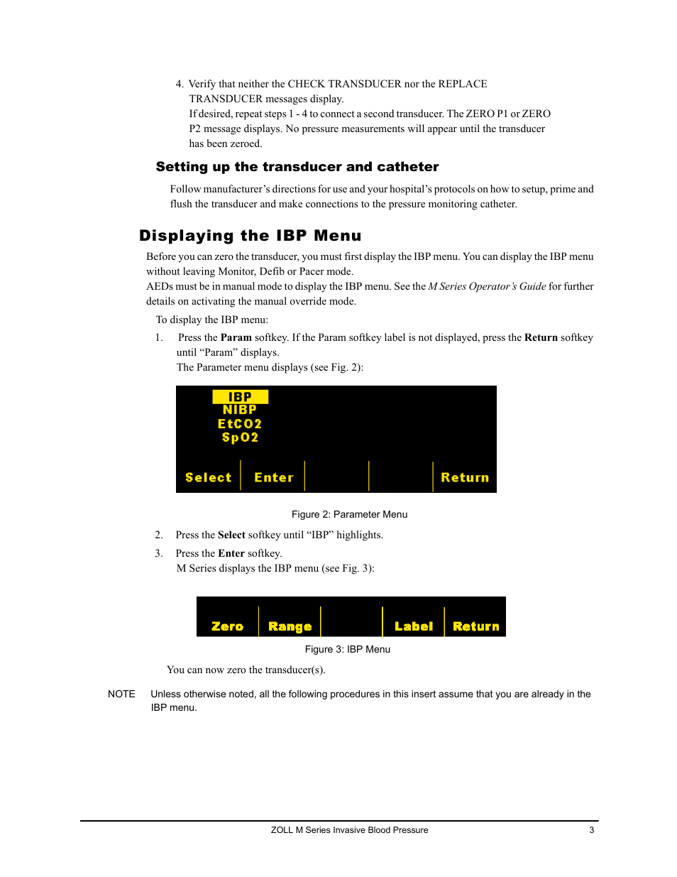 Setting up the transducer and catheter, Displaying the ibp menu | ZOLL M Series CCT Defibrillator Rev D User Manual | Page 9 / 26