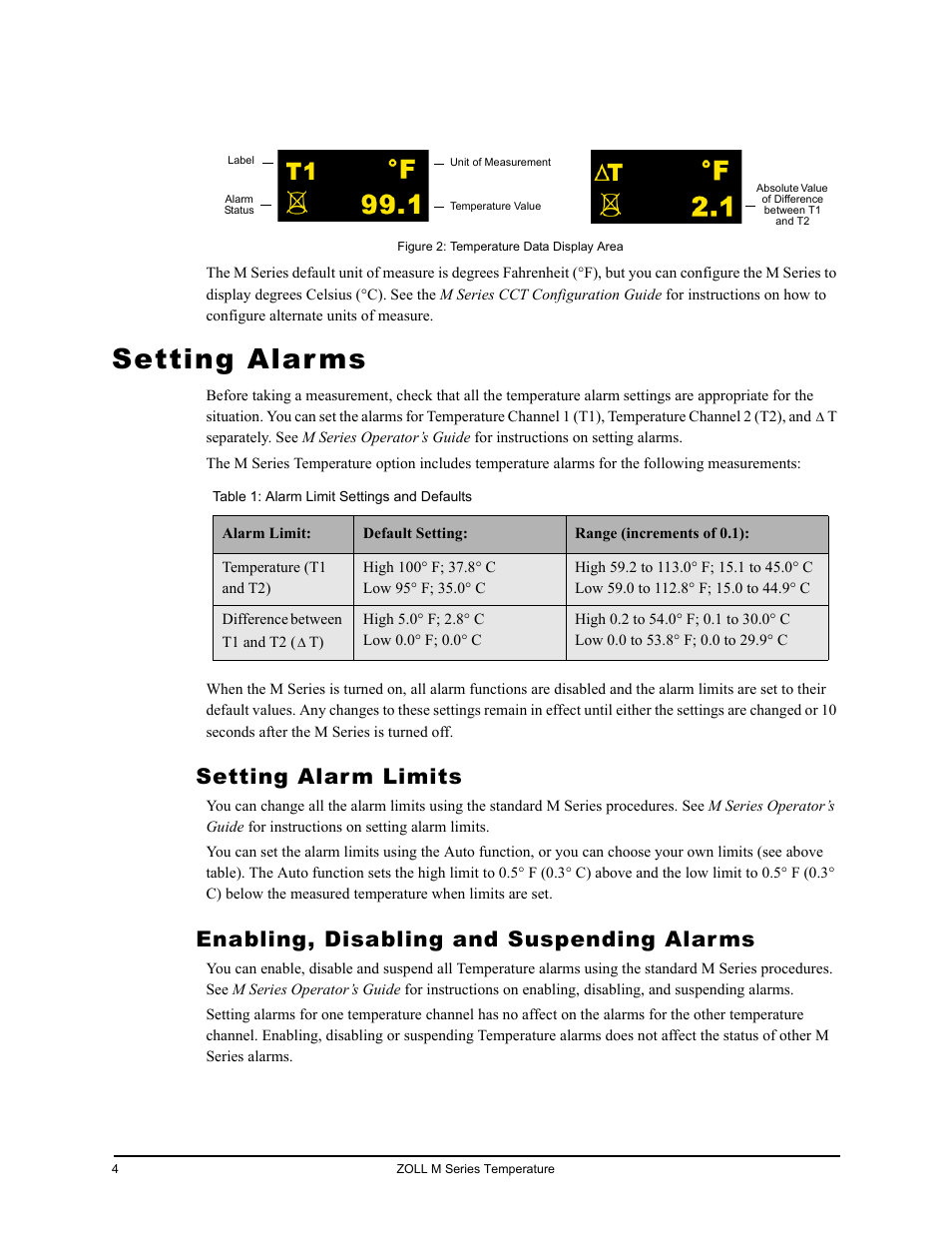 Setting alarms, Setting alarm limits, Enabling, disabling and suspending alarms | Etting, Larms | ZOLL M Series CCT Defibrillator Rev C User Manual | Page 10 / 18