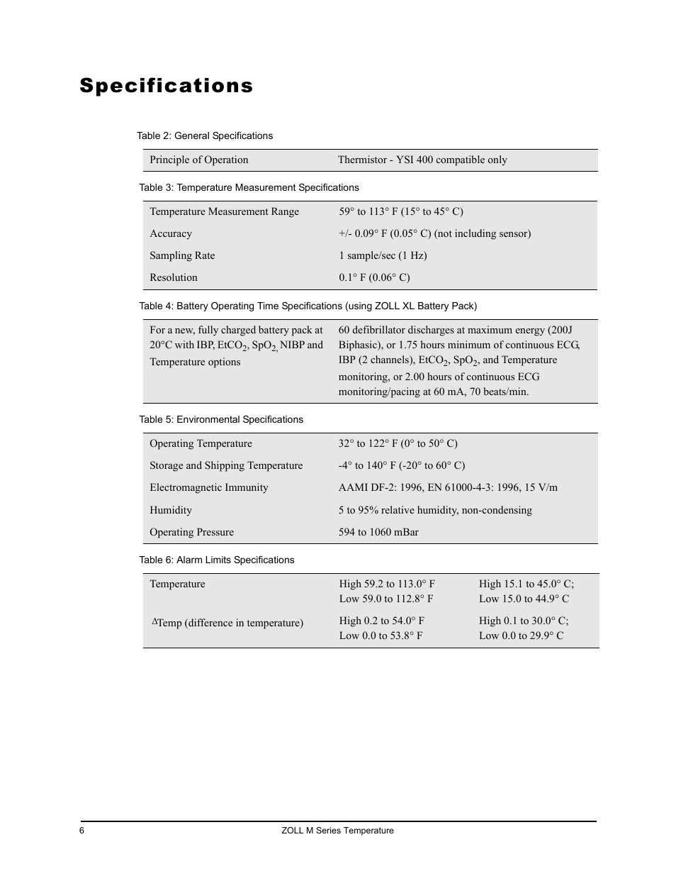 Specifications, Pecifications | ZOLL M Series CCT Defibrillator Rev C User Manual | Page 12 / 18