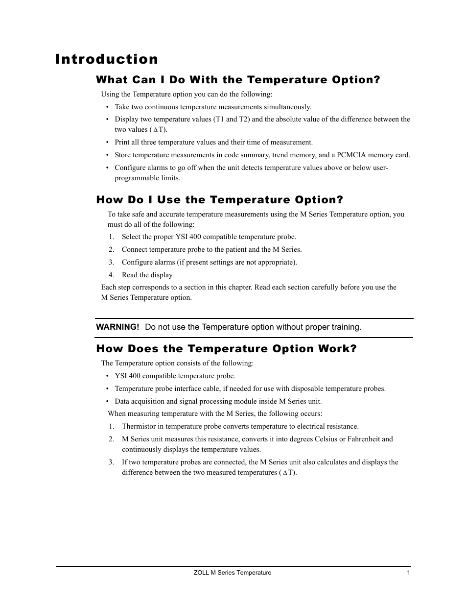 Introduction, What can i do with the temperature option, How do i use the temperature option | How does the temperature option work, Ntroduction | ZOLL M Series CCT Defibrillator Rev C User Manual | Page 7 / 18