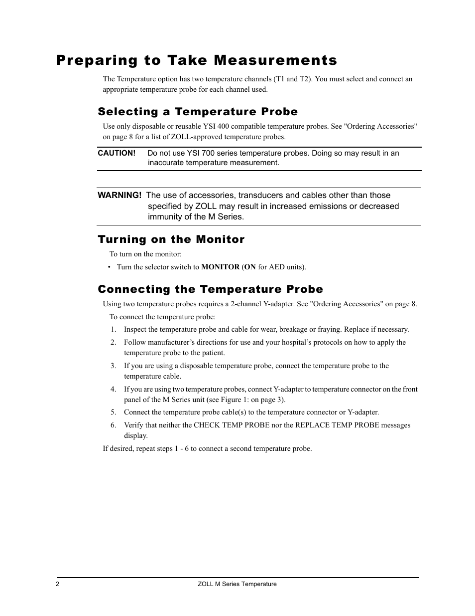 Preparing to take measurements, Selecting a temperature probe, Turning on the monitor | Connecting the temperature probe, Reparing, Easurements | ZOLL M Series CCT Defibrillator Rev C User Manual | Page 8 / 18