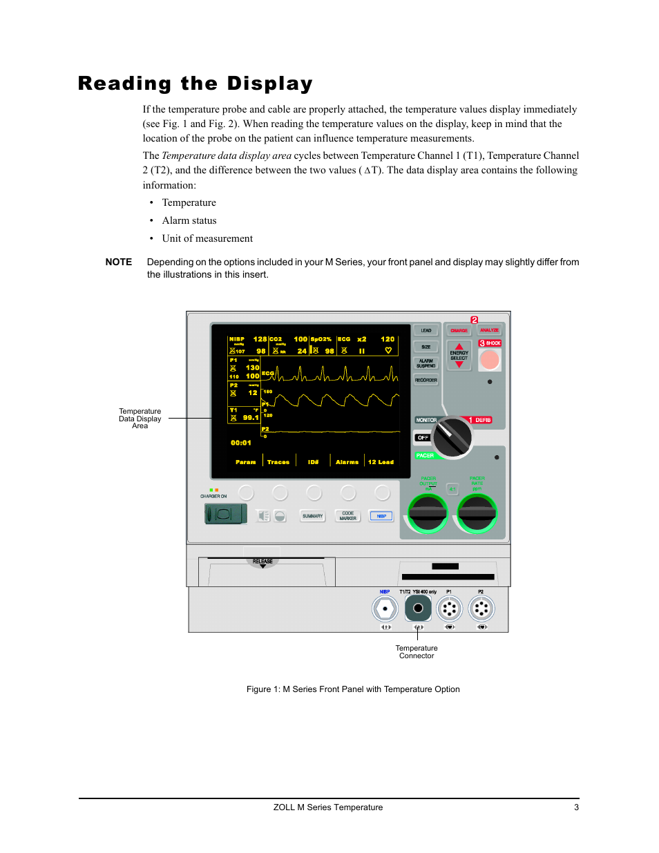 Reading the display, Eading, Isplay | ZOLL M Series CCT Defibrillator Rev C User Manual | Page 9 / 18