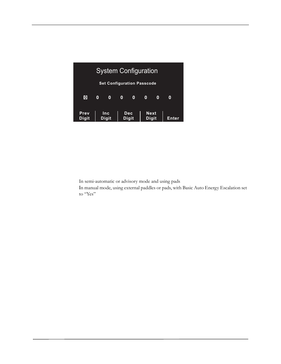 Configuration mode passcode, Energy level: shock 1, 2, 3, Auto analyze | Stacked shocks, 6\vwhp&rqiljxudwlrq | ZOLL M Series Defibrillator Rev YC User Manual | Page 13 / 34