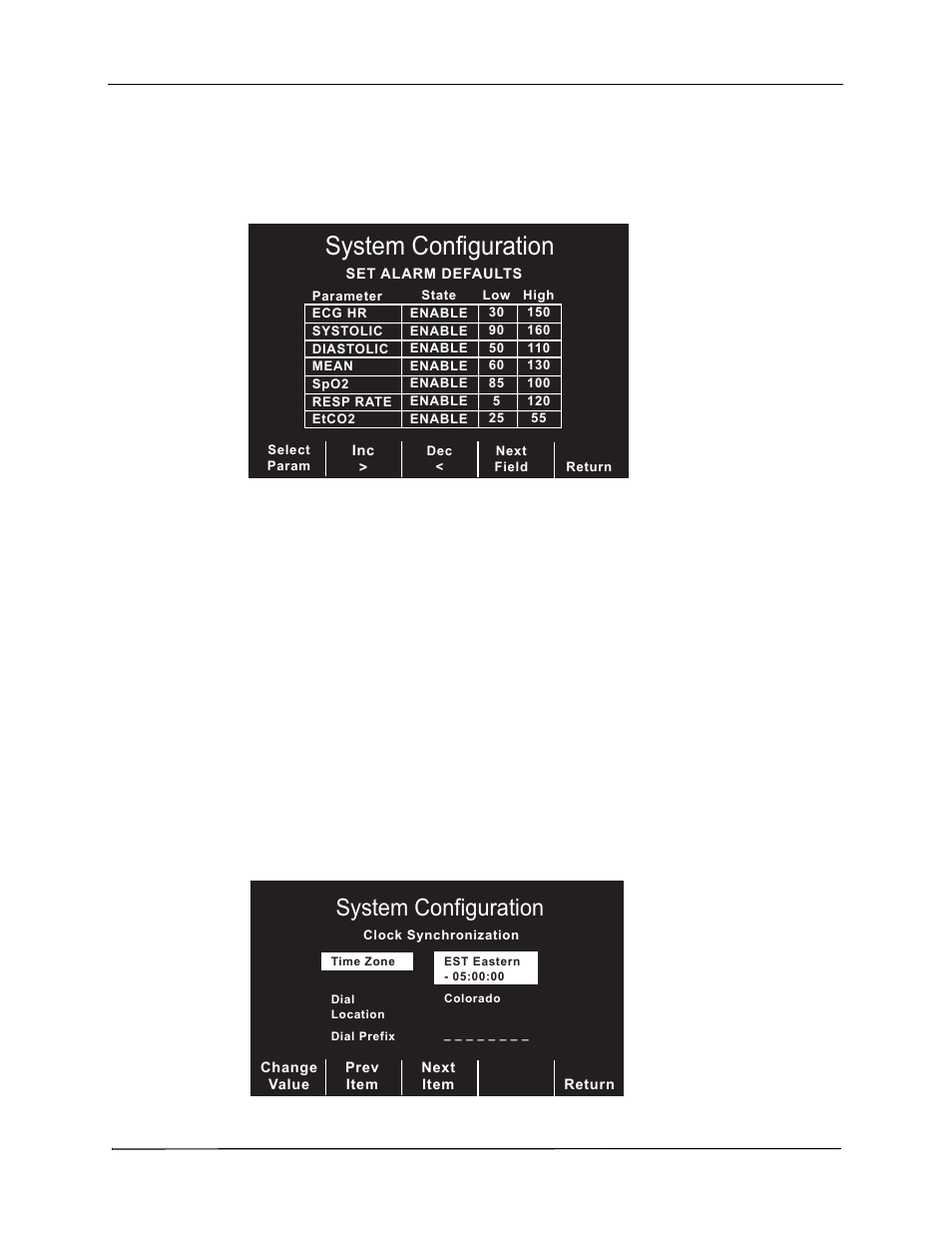 6\vwhp&rqiljxudwlrq, Alarm limits at power up, Alarms active at power up | Low battery tone, Clock synchronization | ZOLL M Series Defibrillator Rev YC User Manual | Page 25 / 34