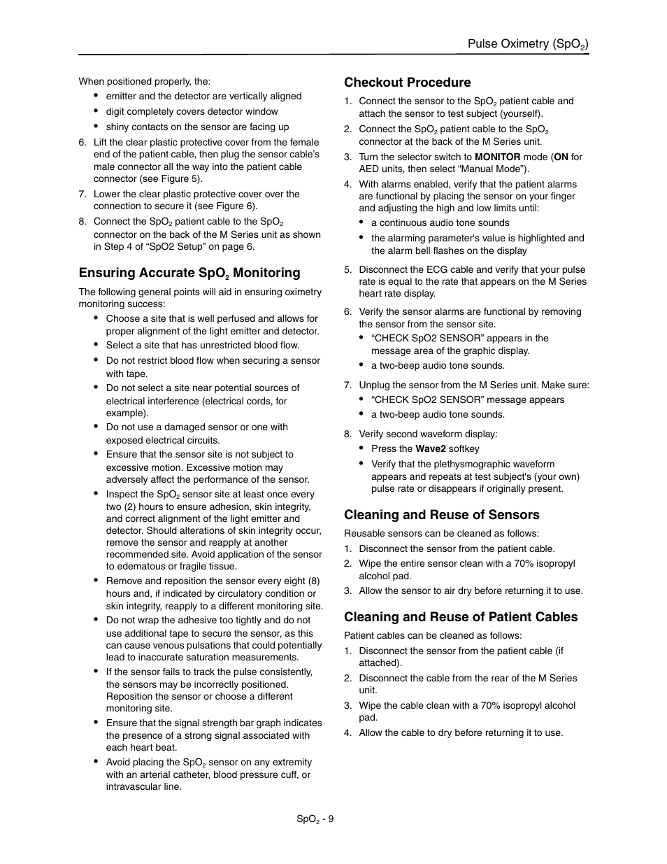 Ensuring accurate spo2 monitoring, Checkout procedure, Cleaning and reuse of sensors | Cleaning and reuse of patient cables, Ensuring accurate spo, Monitoring | ZOLL M Series Defibrillator Rev M User Manual | Page 11 / 14