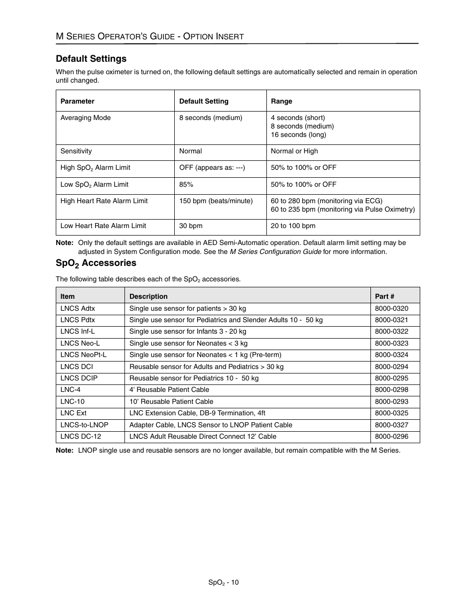 Default settings, Accessories | ZOLL M Series Defibrillator Rev M User Manual | Page 12 / 14