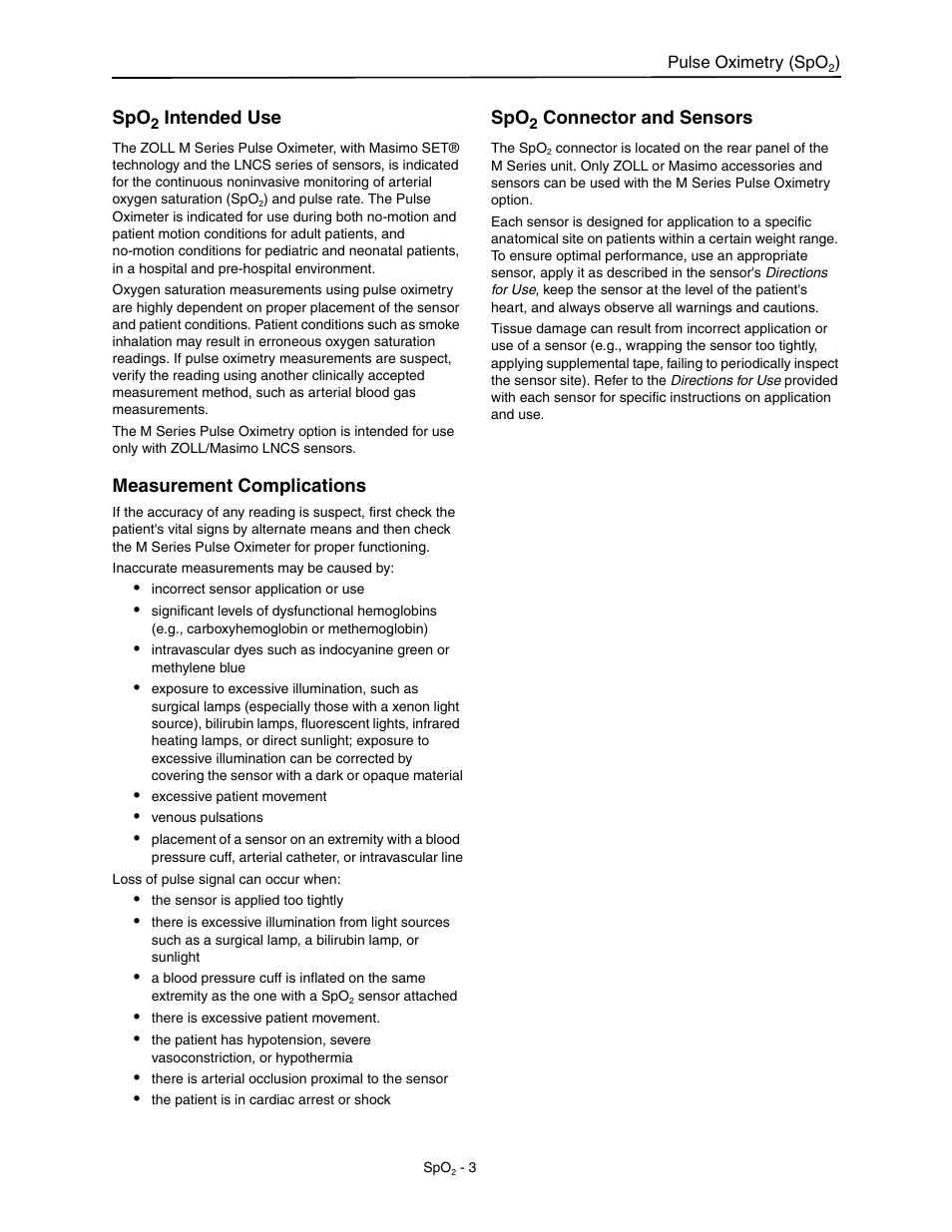 Spo2 intended use, Measurement complications, Spo2 connector and sensors | ZOLL M Series Defibrillator Rev M User Manual | Page 5 / 14