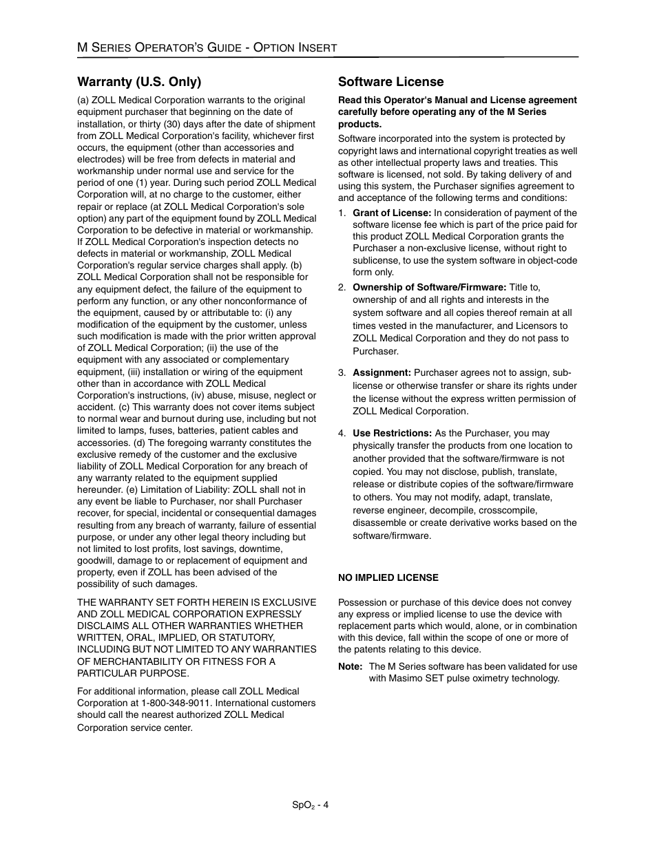 Warranty (u.s. only), Software license | ZOLL M Series Defibrillator Rev M User Manual | Page 6 / 14