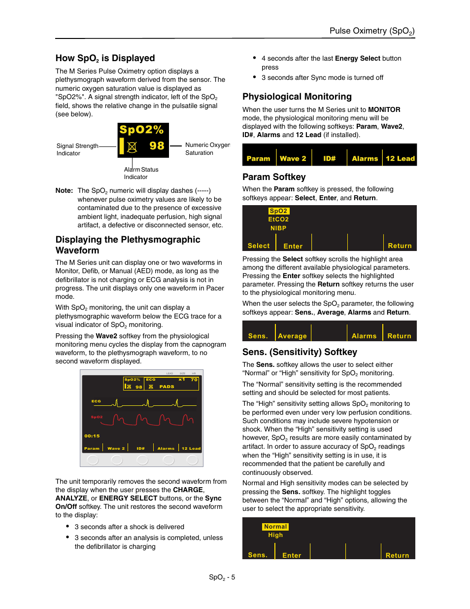 How spo2 is displayed, Displaying the plethysmographic waveform, Physiological monitoring | Param softkey, Sens. (sensitivity) softkey, How spo, Is displayed, Pulse oximetry (spo | ZOLL M Series Defibrillator Rev M User Manual | Page 7 / 14