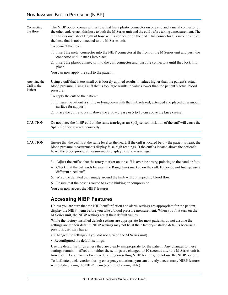 Connecting the hose, Applying the cuff to the patient, Accessing nibp features | ZOLL M Series Defibrillator Rev G NIBP User Manual | Page 12 / 30