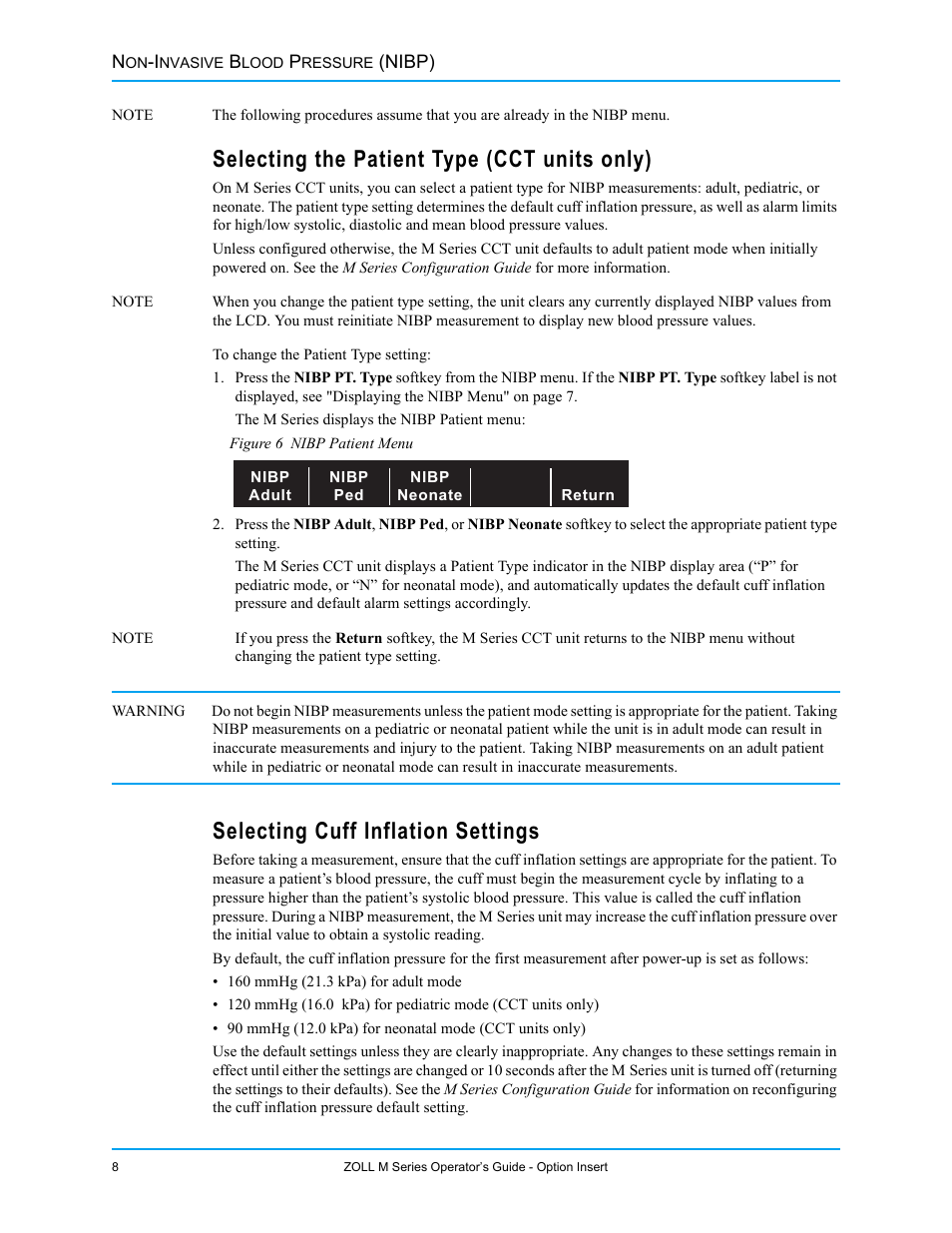 Selecting the patient type (cct units only), Selecting cuff inflation settings | ZOLL M Series Defibrillator Rev G NIBP User Manual | Page 14 / 30