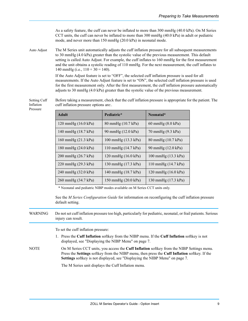 Auto adjust, Setting cuff inflation pressure | ZOLL M Series Defibrillator Rev G NIBP User Manual | Page 15 / 30
